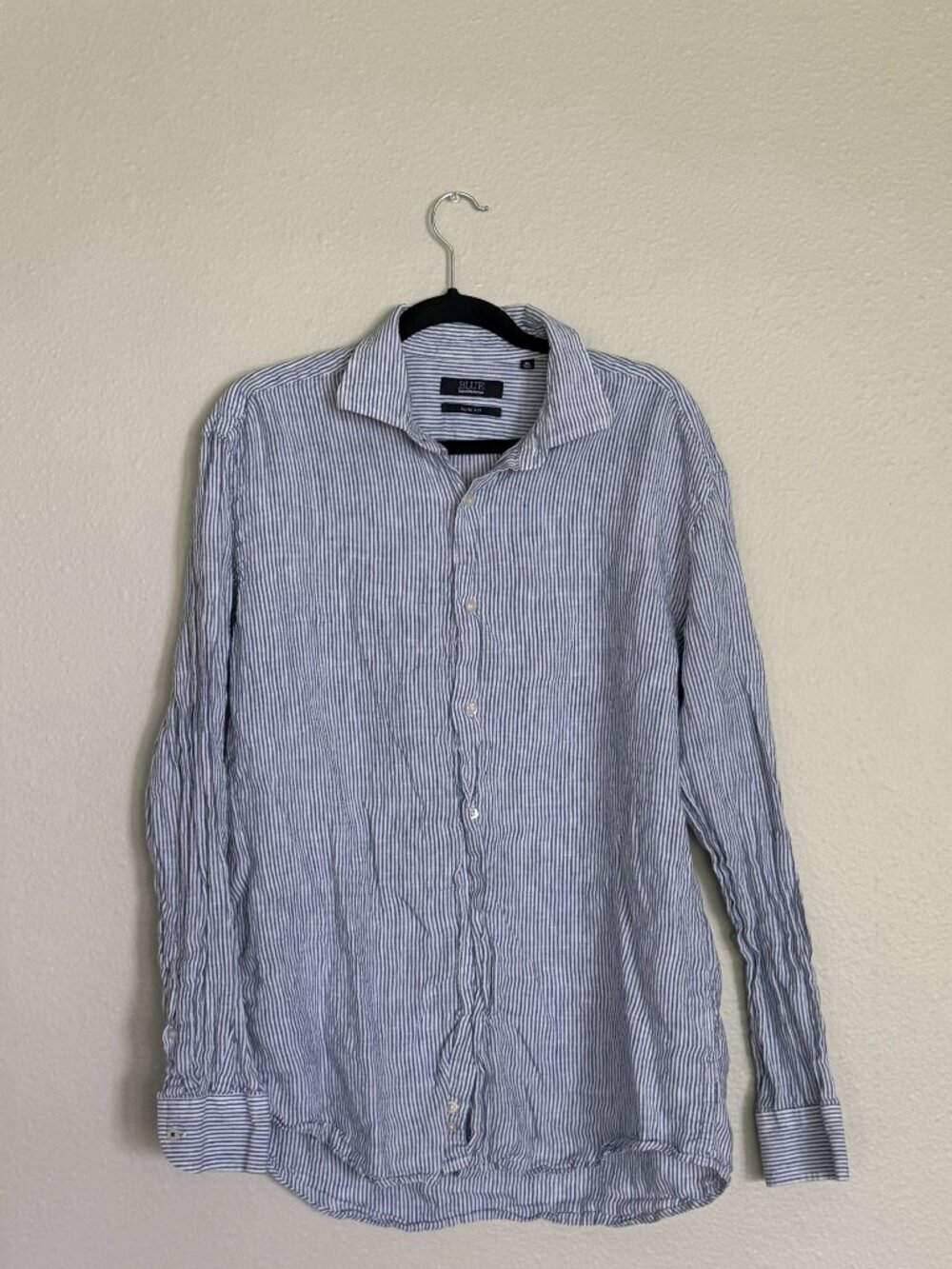 BLUE Saks Fifth Avenue Men's 100% Linen Pinstripe Slim Fit Shirt Size XL Blue